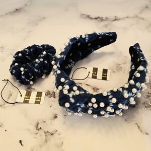 LELE SADOUGHI Pearl Shibori Knotted Headband & Scrunchie Set in Indigo Navy Blue